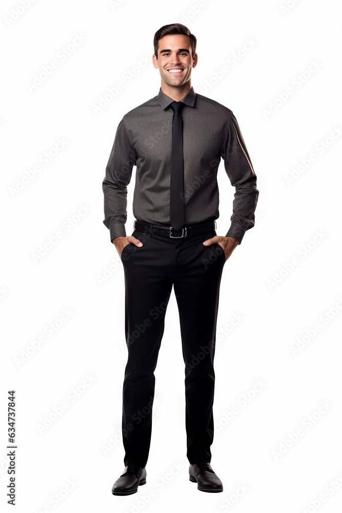 Full length portrait of a happy young businessman standing with hands in pockets Full length portrait of a happy young businessman standing with hands in pockets