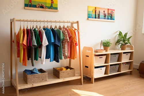 Montessori inspired kids room with clothes rack, table, rainbow, and wardrobe for clothes storage. Nursery organization tips for a Montessori toddler space. © 2rogan