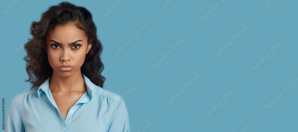 Banner with angry Latin American girl with curly brown hair. Closeup face of a furious Latina adult girl on a blue background. Unhappy mad grownup woman in a blue shirt looking at the camera. Banner with angry Latin American girl with curly brown hair. Closeup face of a furious Latina adult girl on a blue background. Unhappy mad grownup woman in a blue shirt looking at the camera.