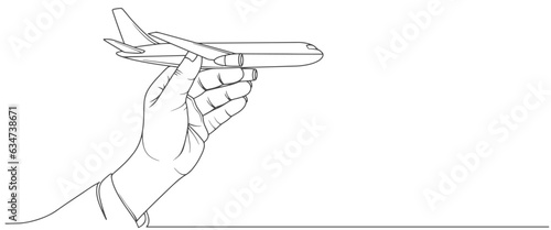 Hand holding air plane line art vector illustration