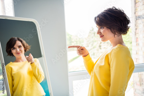 Obraz na płótnie Photo of charming pretty lady doing every morning motivation for self care point