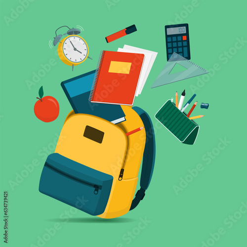 Backpack and colorful school equipment