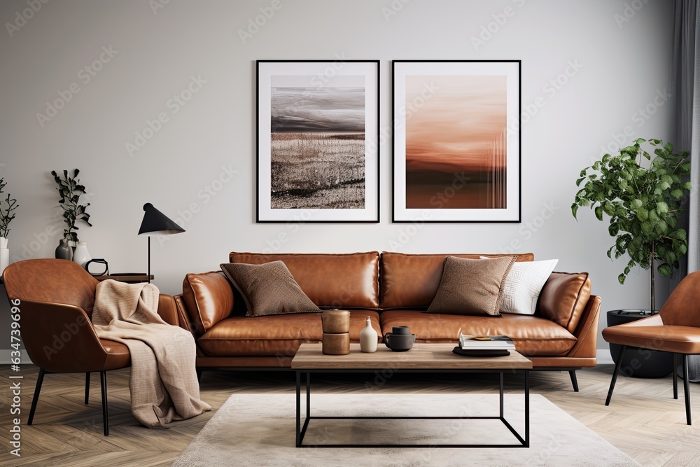 Fototapeta premium modern living room with brown sofa, table, and decor.