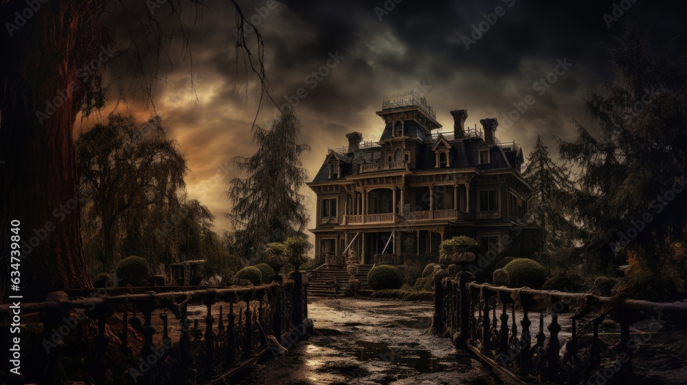 Haunted house with flickering lights surrounded by eerie fog Stock