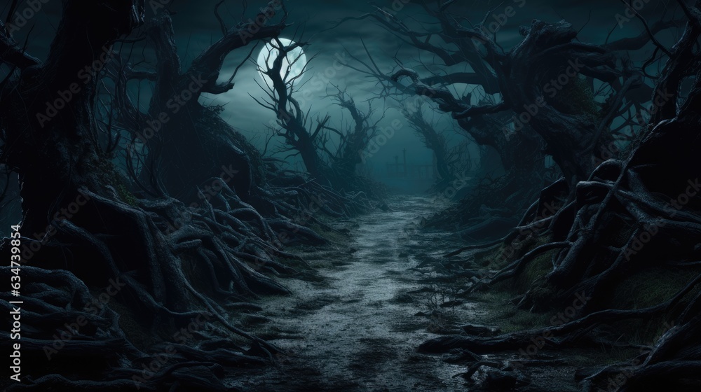 A moonlit forest path, winding between gnarled and ancient trees A moonlit forest path, winding between gnarled and ancient trees