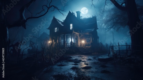 Haunted house with flickering lights surrounded by eerie fog