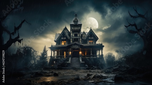 An imposing haunted mansion under a tempestuous sky