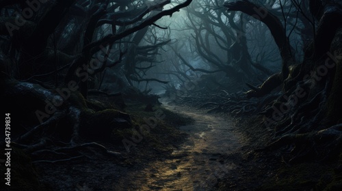 A moonlit forest path, winding between gnarled and ancient trees