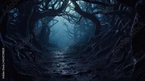 A moonlit forest path, winding between gnarled and ancient trees