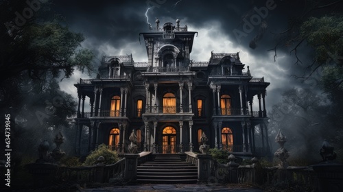 Haunted house with flickering lights surrounded by eerie fog