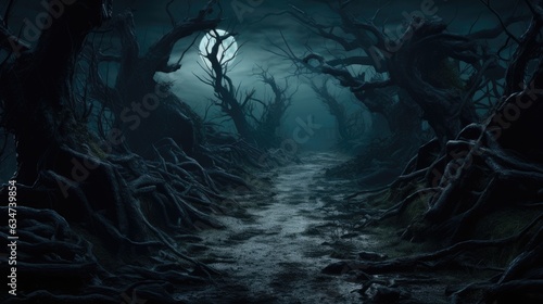 A moonlit forest path  winding between gnarled and ancient trees