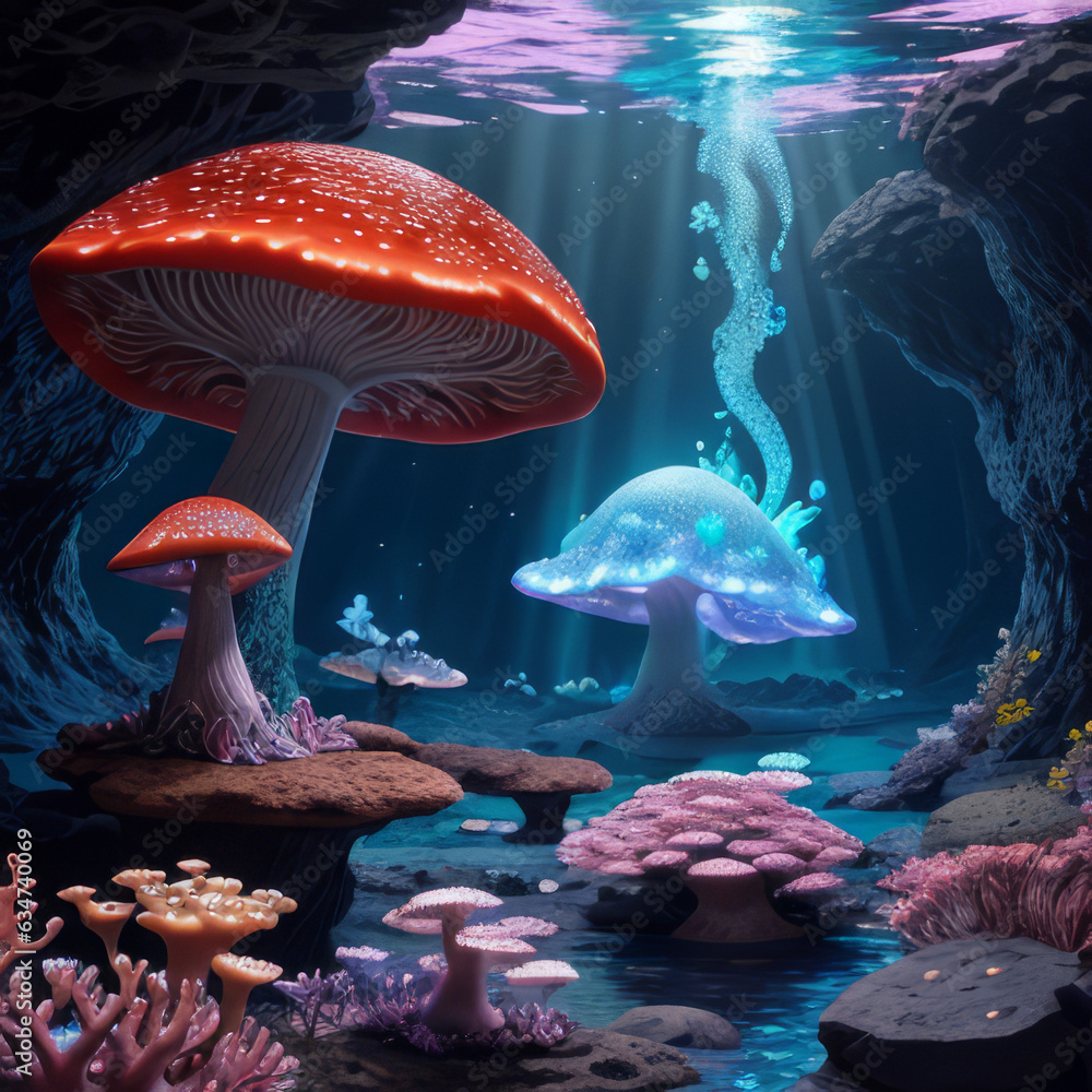 AI generated dreamy Underwater mushroom garden