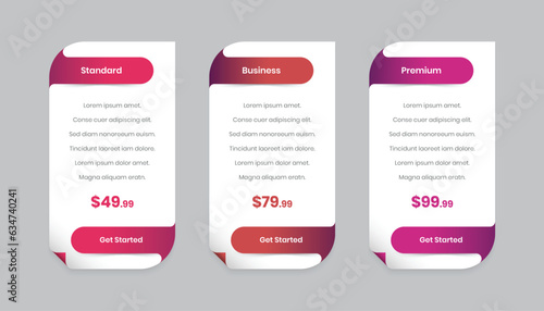 Modern gradient pricing comparison table template for user interface