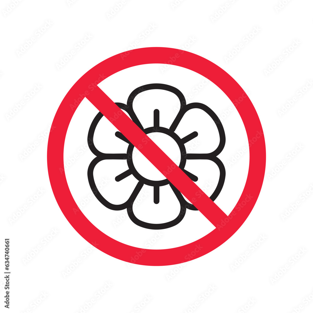 Forbidden flower vector icon. Warning, caution, attention, restriction, label, ban, danger. No flowers flat sign design pictogram symbol. No flowers icon Forbidden flower vector icon. Warning, caution, attention, restriction, label, ban, danger. No flowers flat sign design pictogram symbol. No flowers icon