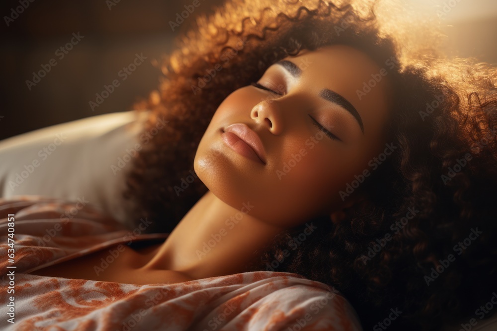 Calm young African American model sleeping well with eyes closed lying in a comfortable bed Calm young African American model sleeping well with eyes closed lying in a comfortable bed