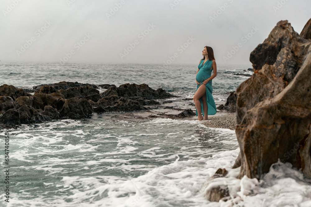 Pregnant woman posing in the long dress at Andalusian coast next to the sea