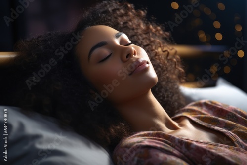 Calm young African American model sleeping well with eyes closed lying in a comfortable bed