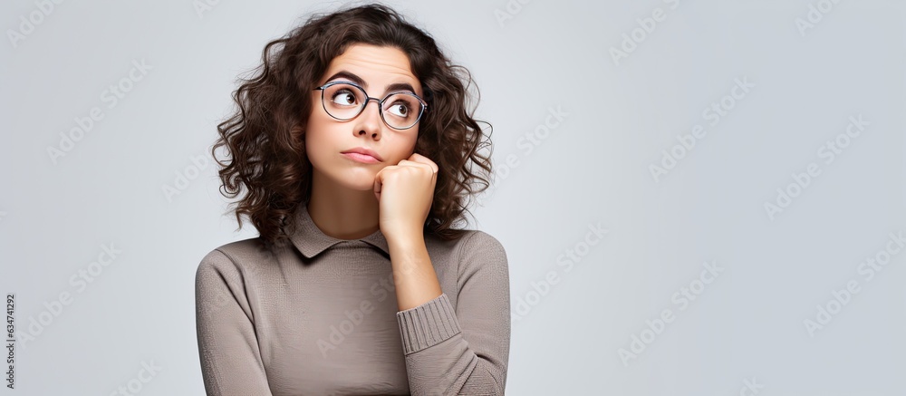 Young woman looking away in confusion with white background