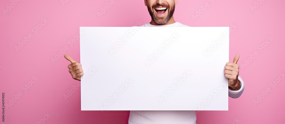 Smiling man with a beard stands by blank advertising board for text on pink background Smiling man with a beard stands by blank advertising board for text on pink background