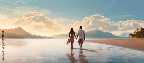 Fototapeta Naklejka Na Ścianę i Meble -  Couple hugging on beach talking enjoying date by ocean