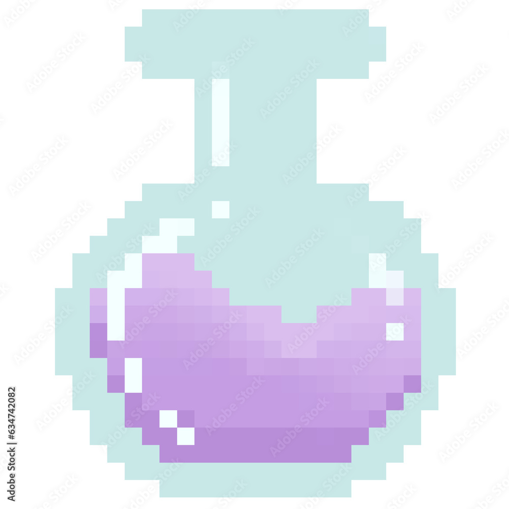 Isolated cute test glass flask tube with purple potion mixture in pixel art and transparent background Isolated cute test glass flask tube with purple potion mixture in pixel art and transparent background