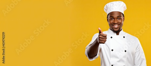 African American chef pointing at blank space for advertisement