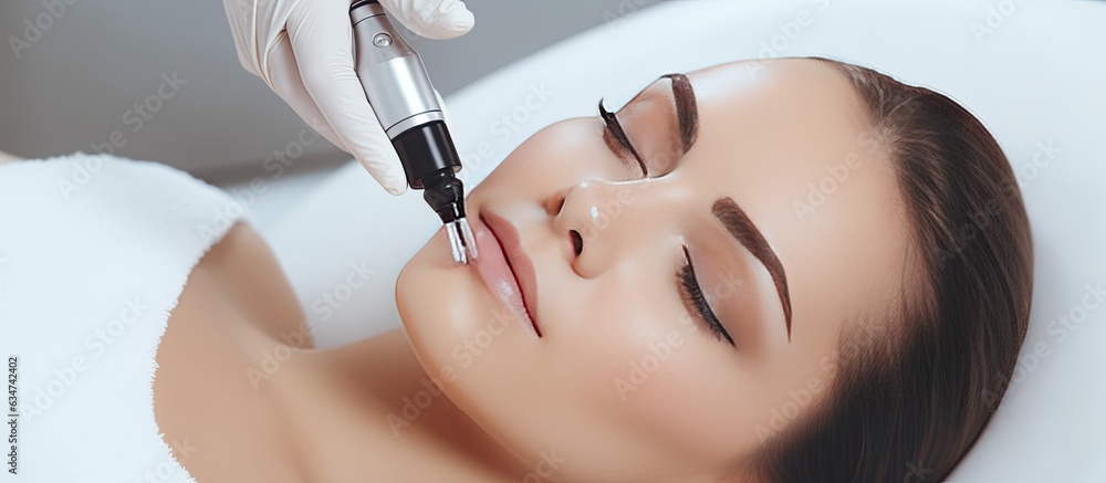 Cosmetologist using dermapen for facial rejuvenation and anti aging treatment in a medical procedure