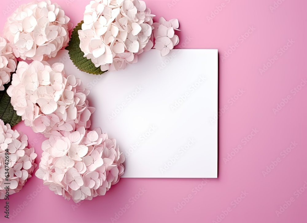 Obraz premium Beautiful pink hydrangea flowers, white wooden photo frames on pink background top view flat lay copy space. Flower card.