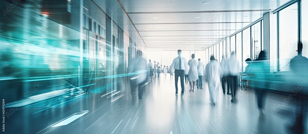 Busy hospital corridor with diverse doctors and medical staff in blurred motion copy space available