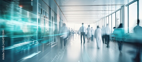 Obraz na płótnie Busy hospital corridor with diverse doctors and medical staff in blurred motion copy space available w salonie