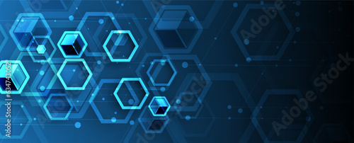 Technology banner design with hexagons abstract background.