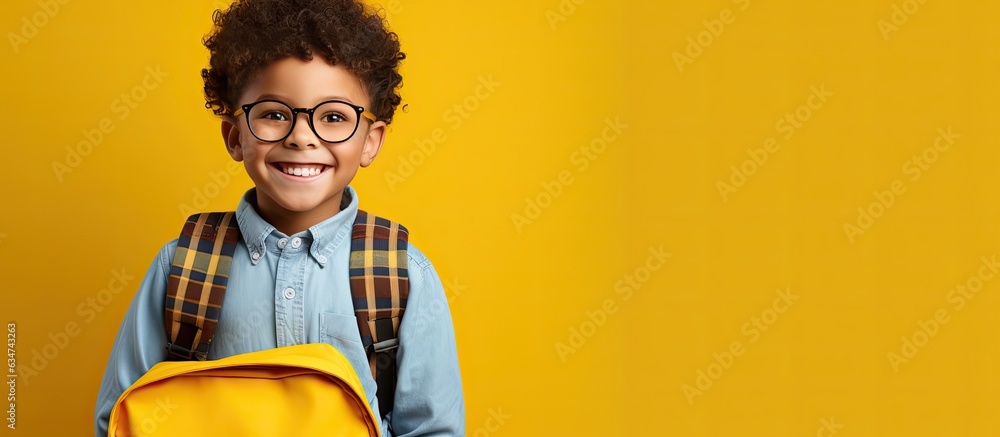 Happy young boy wearing glasses and carrying a backpack posing alone on yellow background for school related concept Happy young boy wearing glasses and carrying a backpack posing alone on yellow background for school related concept