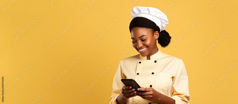 African American cook uses smartphone while cooking