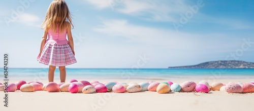 Happy Easter concept 4 year old girl wearing a pink skirt holding colorful eggs on a sandy beach Copy space photo