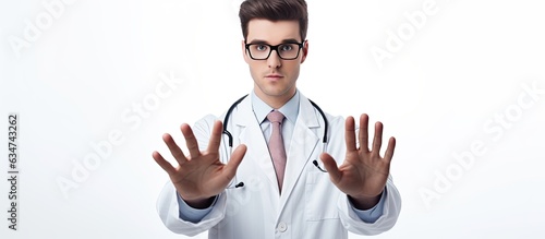 Doctor in white coat and glasses with stethoscope looking at camera hands visible isolated white background copy space health