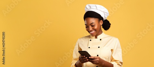 Fototapeta Naklejka Na Ścianę i Meble -  African American cook uses smartphone while cooking