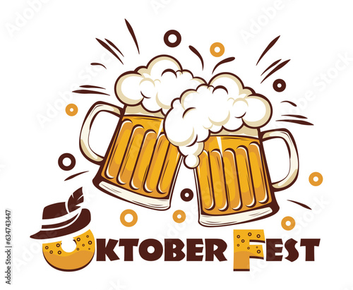Oktoberfest beer festival logo. Beer mugs, bubbles, traditional hat, lettering. Vector on transparent background