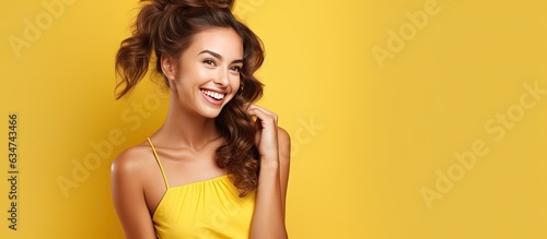 Stylish European woman poses on yellow background expressing charm and allure for fashion ads and promotions
