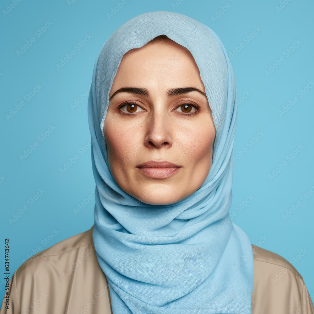 Portrait of a serious Muslim girl in a hijab. Closeup face of an unhappy mature woman wearing a headscarf on a blue background. Unsmiling grown up girl in traditional clothes looking at the camera. Portrait of a serious Muslim girl in a hijab. Closeup face of an unhappy mature woman wearing a headscarf on a blue background. Unsmiling grown up girl in traditional clothes looking at the camera.