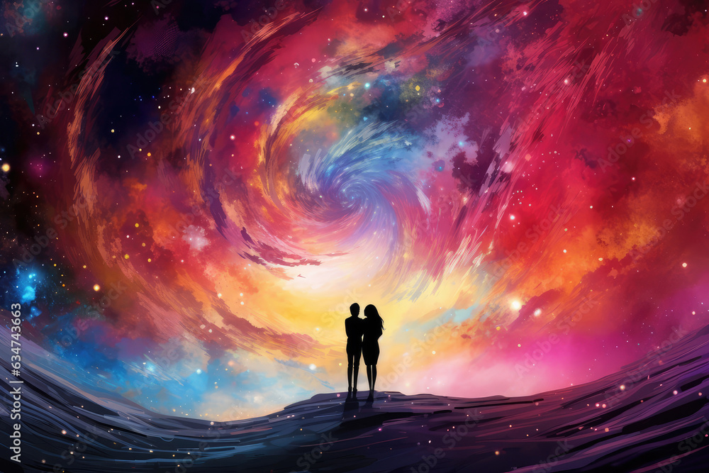 Couple in love standing on the edge of the ocean. Space background.
