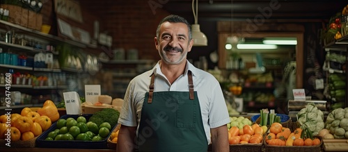 Latin man in an apron in a greengrocer s shop looking at the camera photo