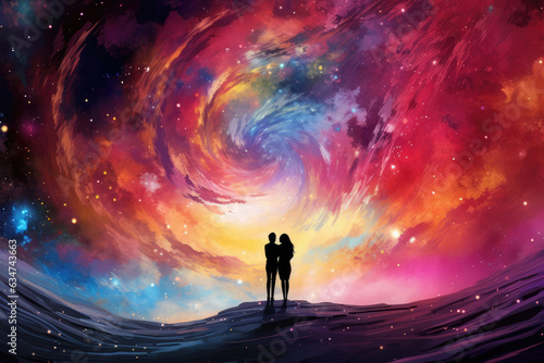 Couple in love standing on the edge of the ocean. Space background. © Tida