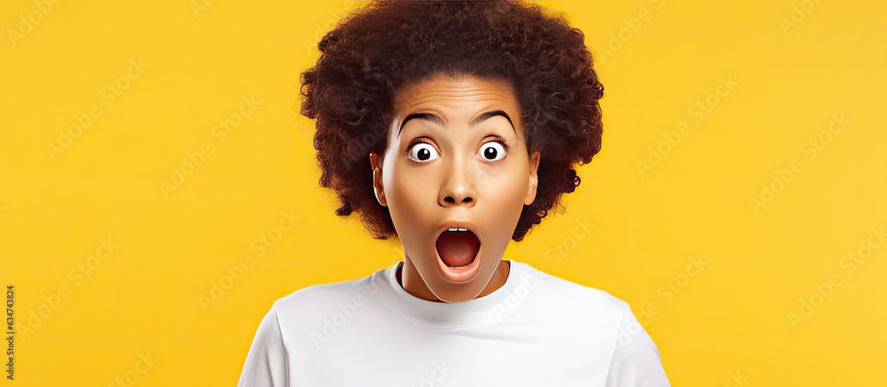 Surprised black teenage girl in white t shirt near banner isolated on yellow background studio Education and exciting news Surprised black teenage girl in white t shirt near banner isolated on yellow background studio Education and exciting news