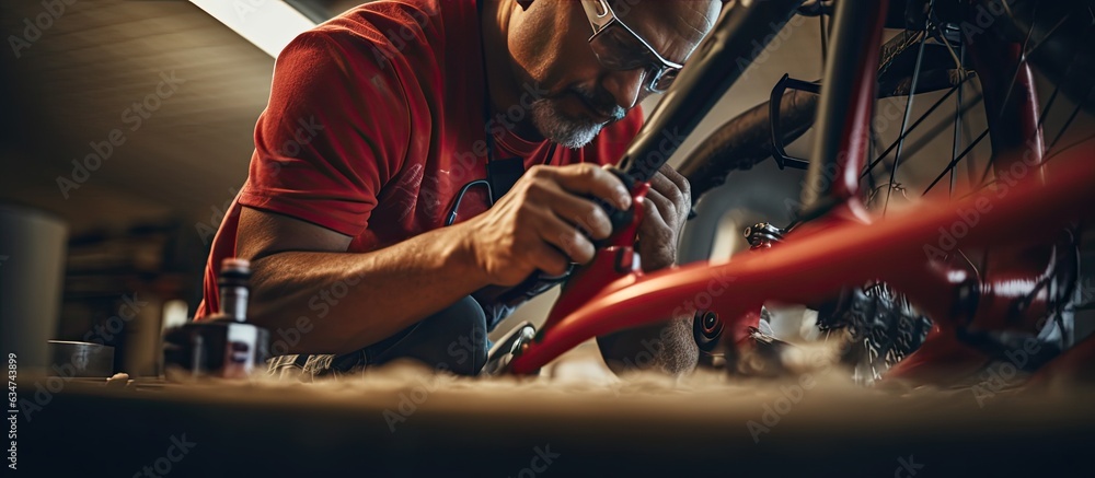 Hispanic worker renovating a bicycle frame at his workshop focusing on the hands and copy space Hispanic worker renovating a bicycle frame at his workshop focusing on the hands and copy space