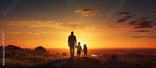 A sunset silhouette of a family standing on a hill gazing towards the horizon