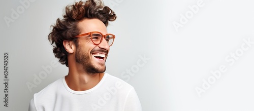 Happy man in stylish glasses smiling on white background trendy outfit room for text photo