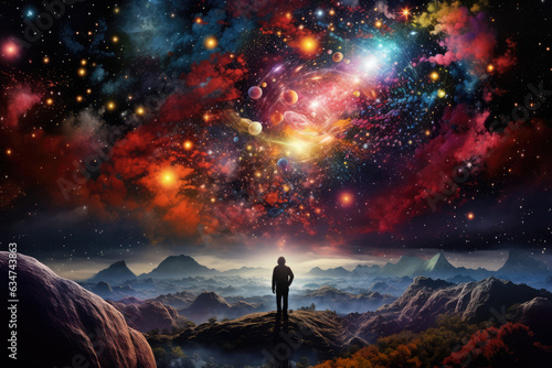 Man standing on top of the mountain and looking at the galaxy.