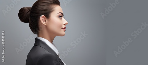 Confident businesswoman in closeup profile isolated on gray photo