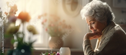 Sad elderly woman at home considering the challenges of widowhood retirement loneliness and aging photo