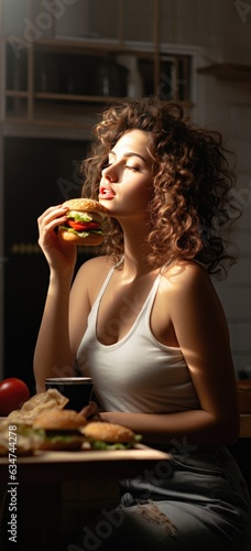 Caucasian woman enjoying junk food at home licking fingers kitchen interior